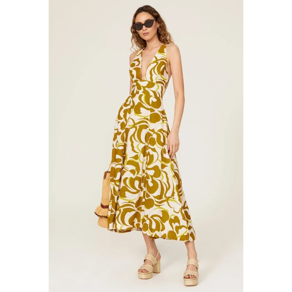 NICHOLAS Yellow Gold Tiered Midi Sundress
